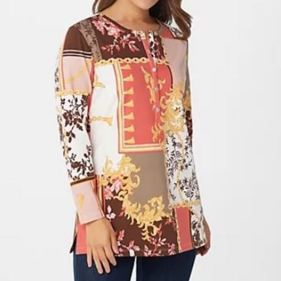 Denim&Co Tops - Denim & Co Printed Jersey Long-Sleeve Henley Tunic